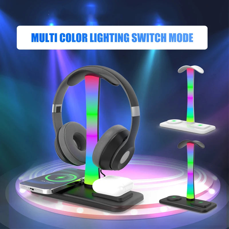 Auscultadores sem fio Stand Charger, RGB Atmosfera Light, Gaming Headset Bracket, telefone móvel, fone de ouvido Bluetooth, carregamento Dock, 3in 1