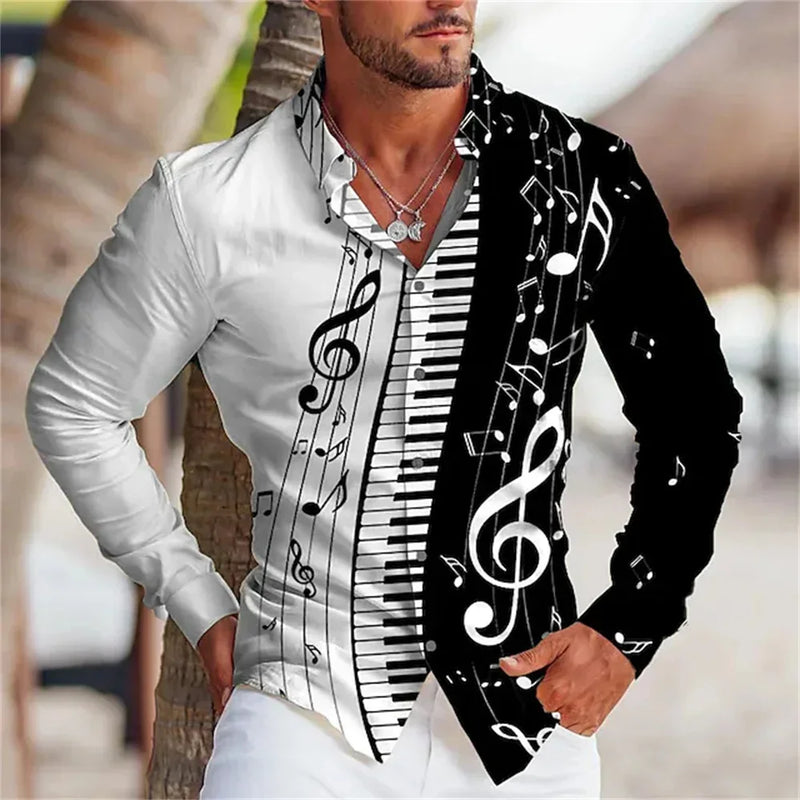 Camisa de lapela dos homens Padrão Nota Musical, 3D Impresso, Casual, Manga Longa, Botão, Adequado para Primavera e Outono, Presente, S-6XL