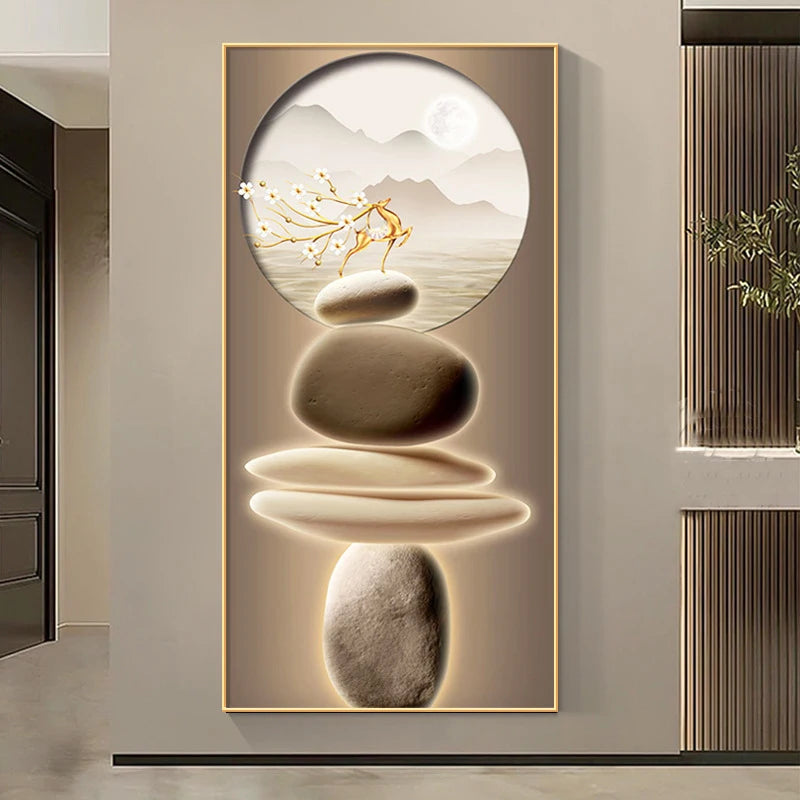 Estilo chinês Zen Pedra Golden Deer Canvas Pintura Wall Art, Rich Tree Posters, Fengshui Wall Art para decoração varanda, sem moldura
