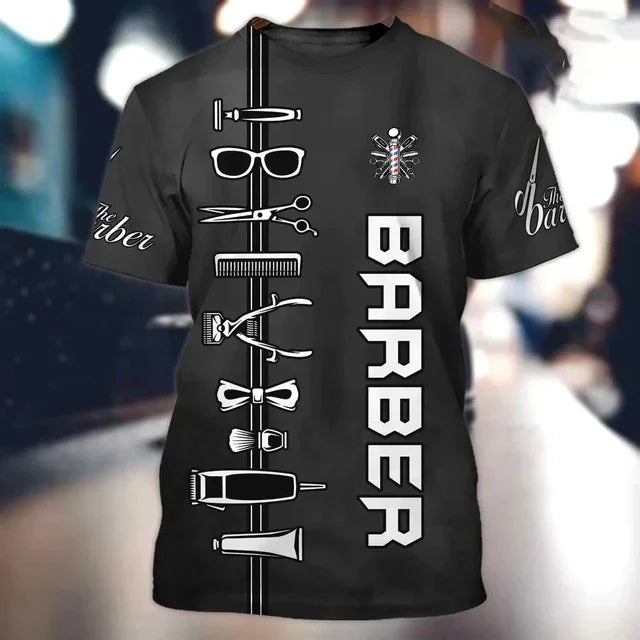 Camiseta para barbeiro masculina, camiseta casual com estampa 3D, personalidade hip hop, gola redonda, manga curta, moda verão