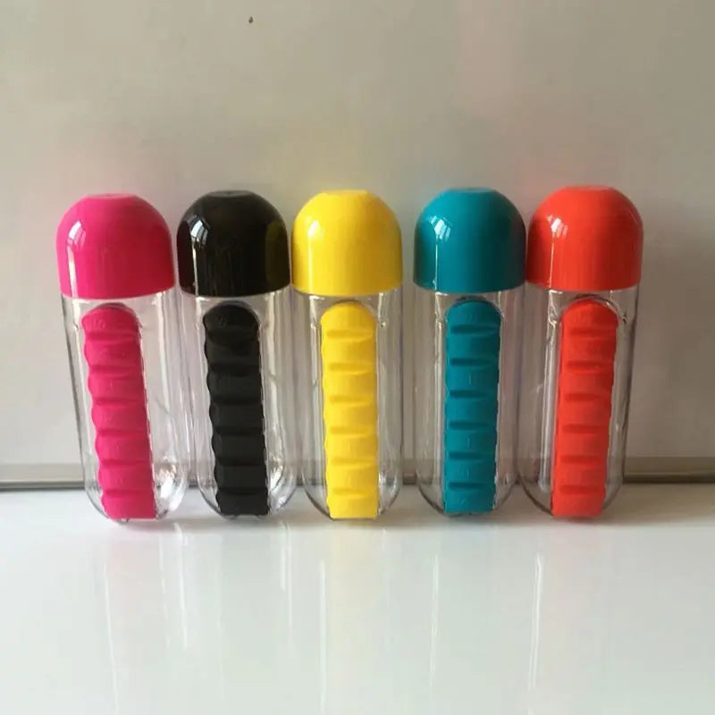 Organizador semanal da caixa da pilha com garrafa de água, 600ml, caso portátil do suporte das vitaminas da pilha de 7 dias, garrafa de beber ao ar livre 2 em 1