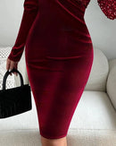 Vestido casual de festa com lantejoulas feminino, mini vestido de manga comprida, saia de quadril, patchwork veludo, contraste, primavera, verão, últimas, 2022