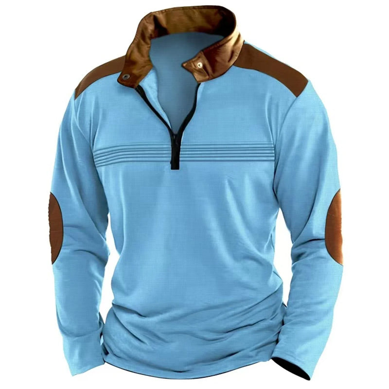 Outono/inverno moda todos os dias casual cor sólida zíper peito plissado listra retalhos confortável camisa polo de manga comprida