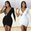 HLJ-Vestido feminino com um ombro, gola V sexy, mini vestido oco, vestido irregular, strass, diamante luxuoso, vestidos de festa, moda