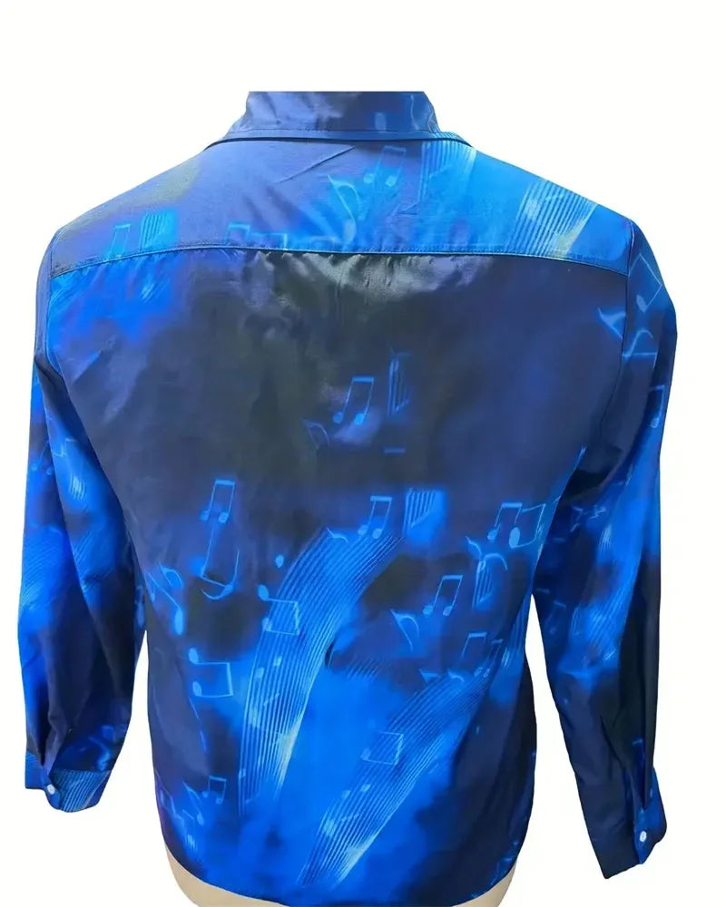 Camisa de lapela dos homens Padrão Nota Musical, 3D Impresso, Casual, Manga Longa, Botão, Adequado para Primavera e Outono, Presente, S-6XL