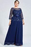 Flycurvy Plus Size Formal Azul Marinho Chiffon Mesh Planta Impressão Lace-Up Duas Peças Vestido Maxi
