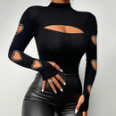Top justo para mulheres, gola simulada, gola quadrada, camiseta com contas de costura em renda, coleção elegante de blusa sexy
