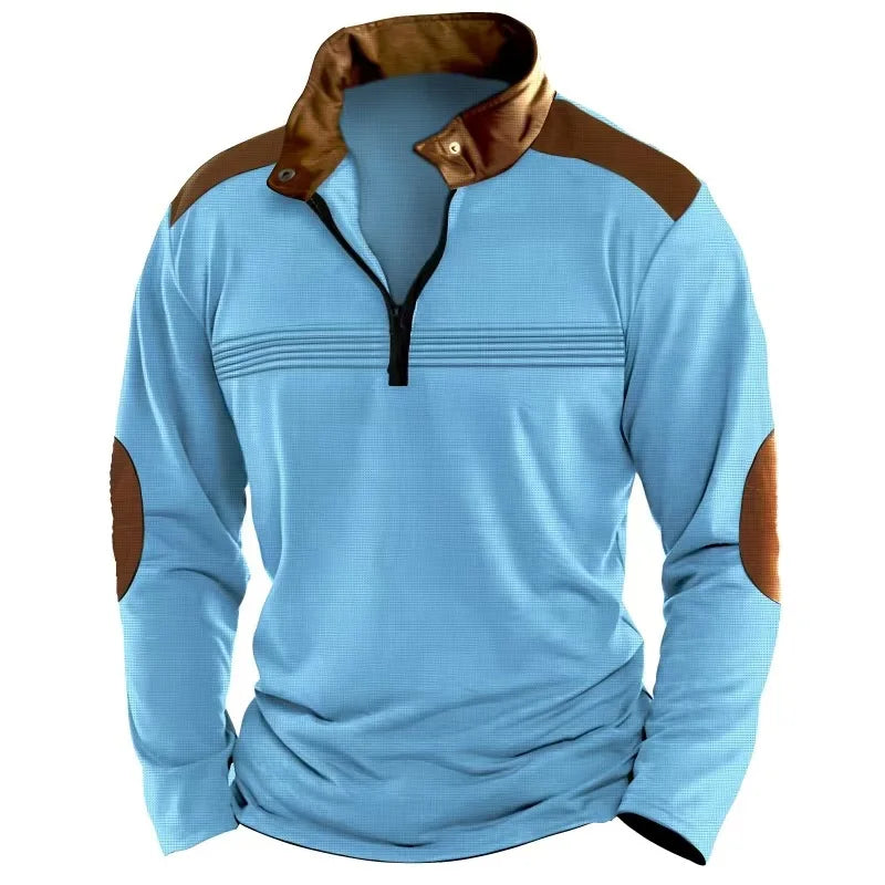 Outono/inverno moda todos os dias casual cor sólida zíper peito plissado listra retalhos confortável camisa polo de manga comprida