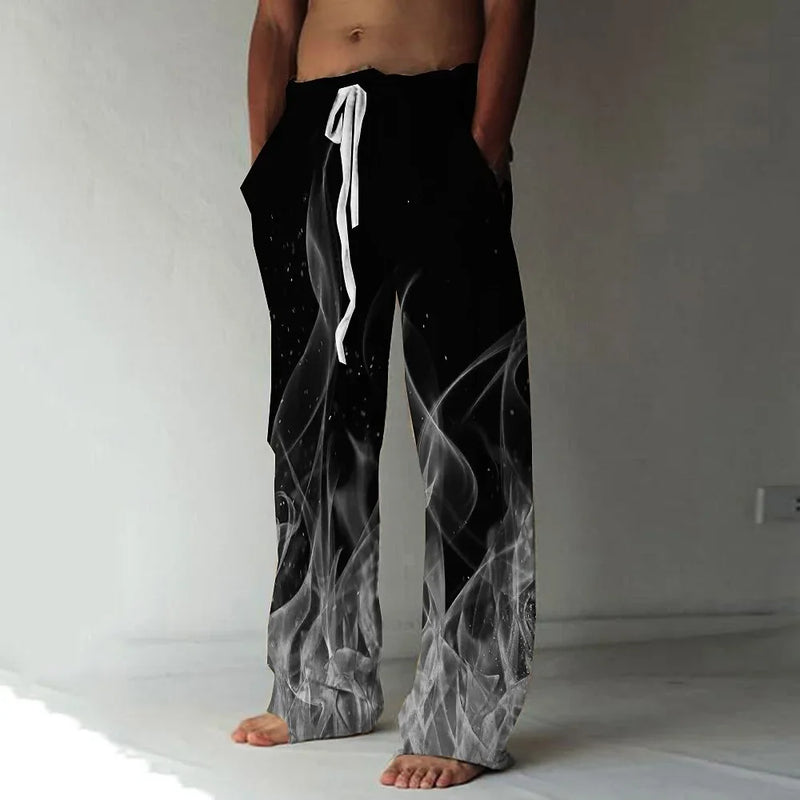 Calças esportivas com cordão transfronteiriço, cintura elástica, perna reta, padrão de chama, impresso em 3D, calça casual extragrande, nova