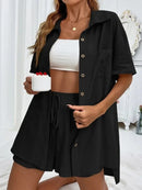 Conjunto feminino de duas peças de linho e algodão, manga curta, camisa monocromática, shorts soltos, terno casual de escritório, moda feminina, verão, 2025
