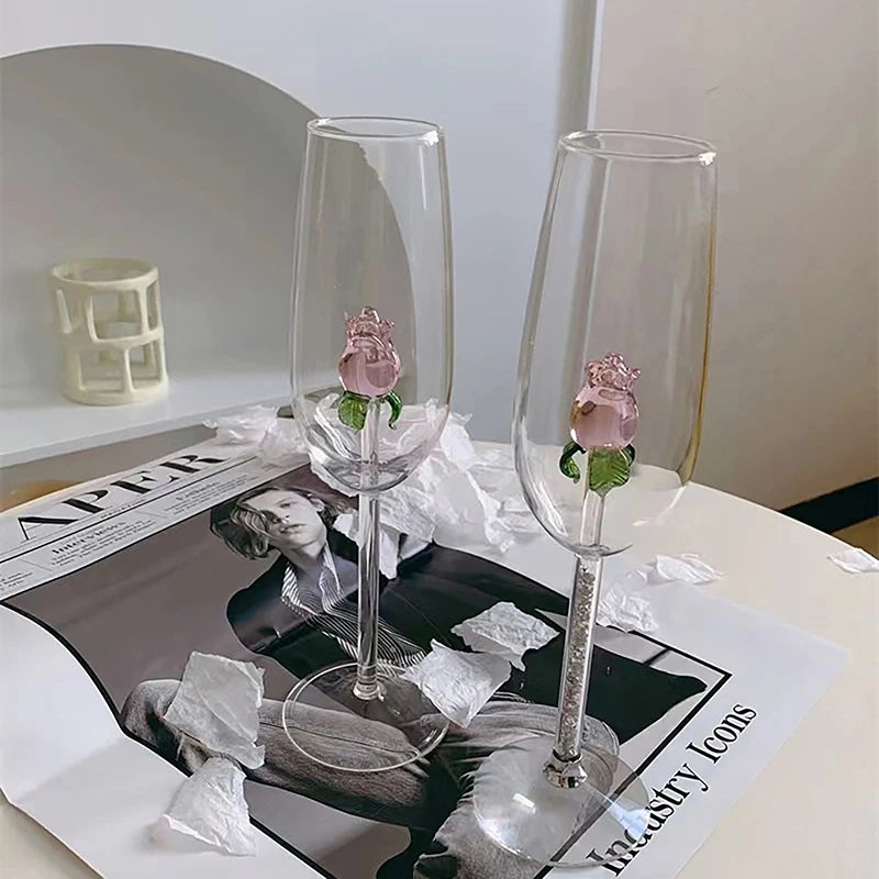 Criativo 3d rosa vidro rosa embutido vermelho branco copos de vinho copo drinkware cálice flauta champanhe doméstico adorável presente dos namorados