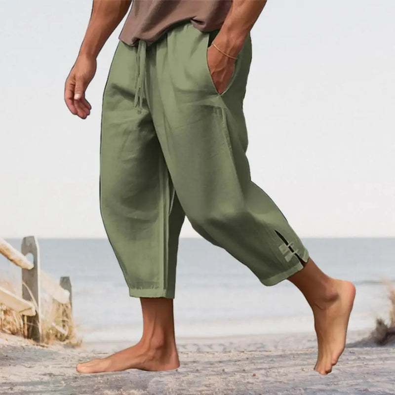 Bandagem de bolso grande calça grande masculina, calça harém solta, calça larga de linho masculina, calça casual masculina