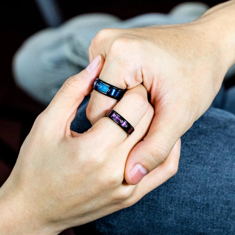 Anel de casal em aço inoxidável para mulheres e homens, azul e roxo, seu rei e sua rainha, anéis de noivado, jóias da moda