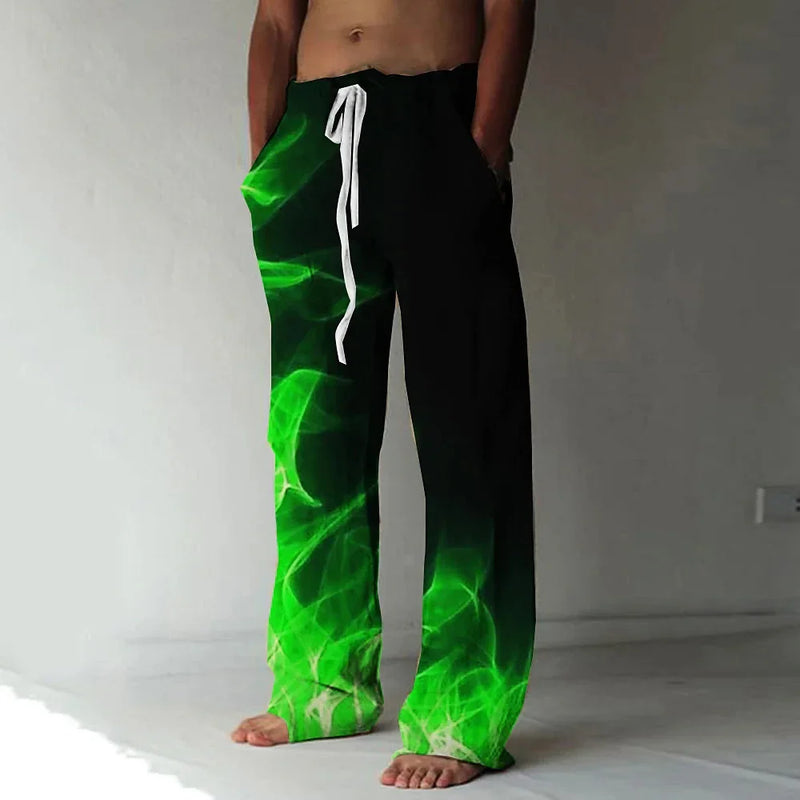 Calças esportivas com cordão transfronteiriço, cintura elástica, perna reta, padrão de chama, impresso em 3D, calça casual extragrande, nova