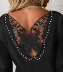 Blusa casual com nervuras bordadas de borboleta para mulheres, gola redonda, manga comprida, camiseta diária, roupas Y2K, moda primavera