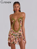Mini vestido sem encosto impresso Cutenew-para mulheres, patchwork sexy, guarnição Hollow Out, cinta de espaguete, plissado vestido, roupão atraente do clube, Y2K