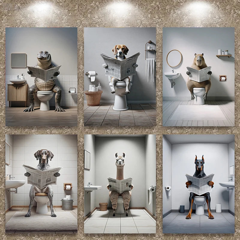 WC Animais Pintura De Lona, Leitura De Jornal, Ovelha Jacaré, Cartaz Doberman Print, Arte Da Parede, Room Pictures, Decoração De Casa