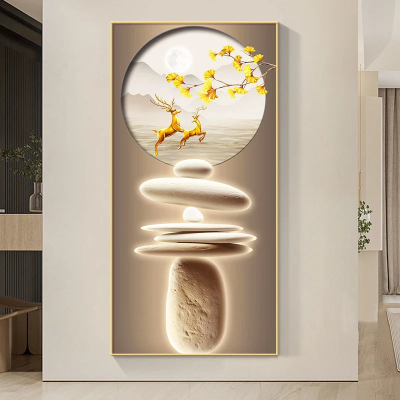 Estilo chinês Zen Pedra Golden Deer Canvas Pintura Wall Art, Rich Tree Posters, Fengshui Wall Art para decoração varanda, sem moldura