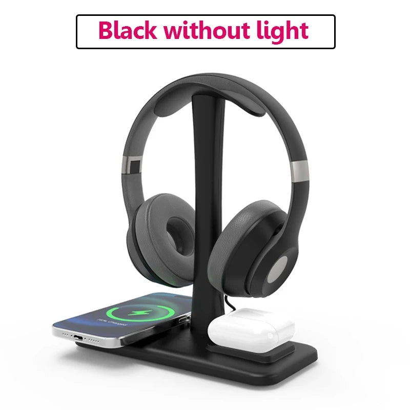 Auscultadores sem fio Stand Charger, RGB Atmosfera Light, Gaming Headset Bracket, telefone móvel, fone de ouvido Bluetooth, carregamento Dock, 3in 1