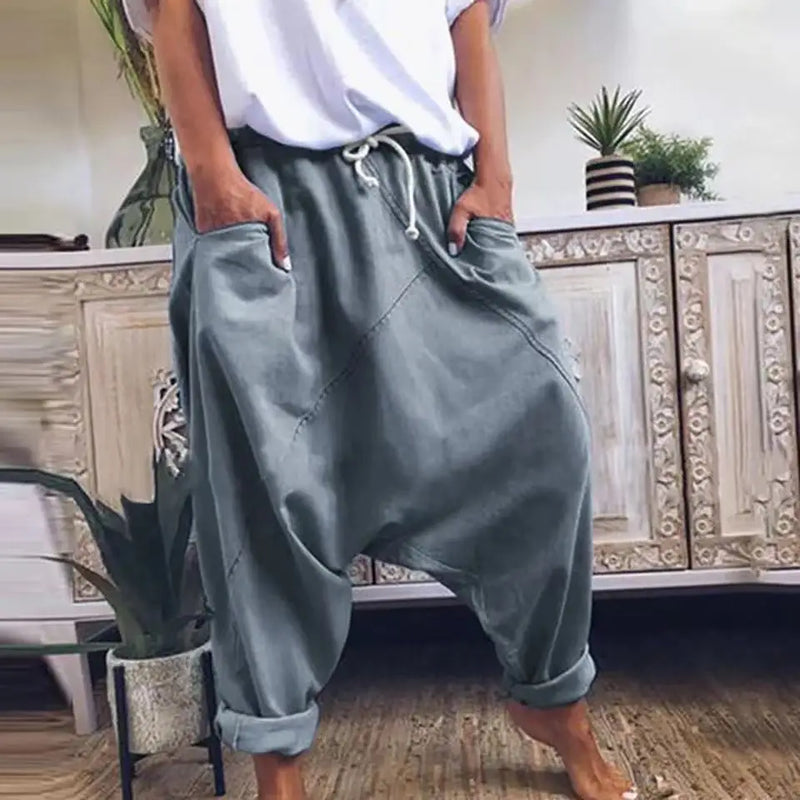 Calças de virilha de harém casuais femininas, calças de harém de moda com cordões, calças femininas, hip-hop de grandes dimensões streetwear mulher