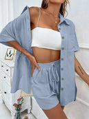 Conjunto feminino de duas peças de linho e algodão, manga curta, camisa monocromática, shorts soltos, terno casual de escritório, moda feminina, verão, 2025