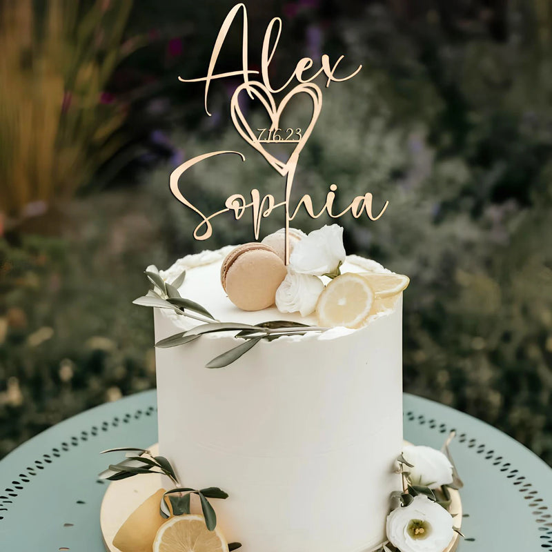 Toppers de bolo de casamento personalizados com data - A001, toppers de bolo acrílicos personalizados para casamento e madeira