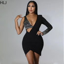 HLJ-Vestido feminino com um ombro, gola V sexy, mini vestido oco, vestido irregular, strass, diamante luxuoso, vestidos de festa, moda