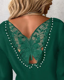 Blusa casual com nervuras bordadas de borboleta para mulheres, gola redonda, manga comprida, camiseta diária, roupas Y2K, moda primavera