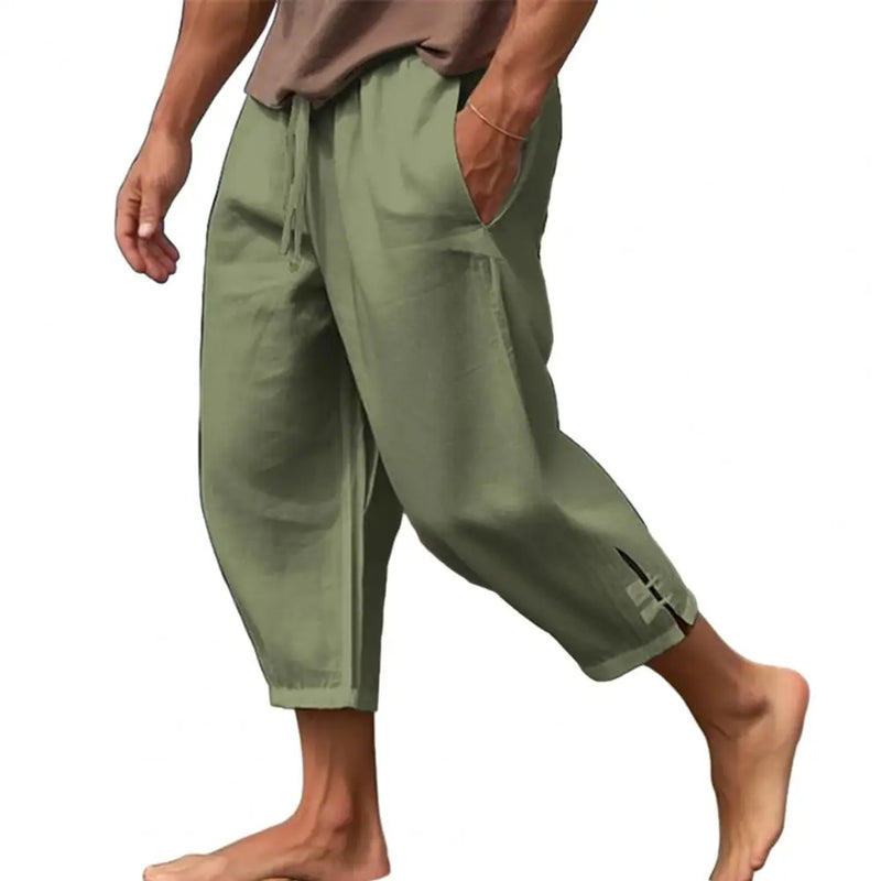 Bandagem de bolso grande calça grande masculina, calça harém solta, calça larga de linho masculina, calça casual masculina
