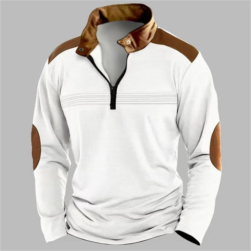 Outono/inverno moda todos os dias casual cor sólida zíper peito plissado listra retalhos confortável camisa polo de manga comprida
