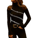 Feminino elegante de renda frisada Pulôver Decor, blusa com gola alta, camiseta feminina skinny, glamoroso pendular, moda