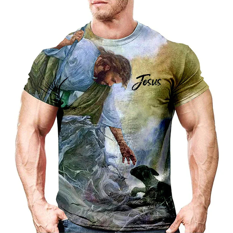 Estilo e Fé: Camiseta Retro 3D com Estampa de Jesus