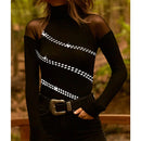 Feminino elegante de renda frisada Pulôver Decor, blusa com gola alta, camiseta feminina skinny, glamoroso pendular, moda