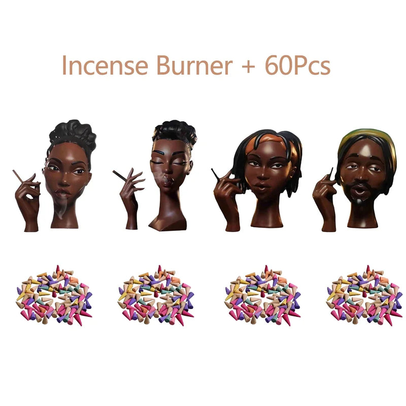 Novo queimador de incenso de cabeça, queimador de incenso de resina de rosto feminino preto nobre e 60 cones de incenso, exibição de artesanato para quarto e escritório