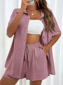 Conjunto feminino de duas peças de linho e algodão, manga curta, camisa monocromática, shorts soltos, terno casual de escritório, moda feminina, verão, 2025
