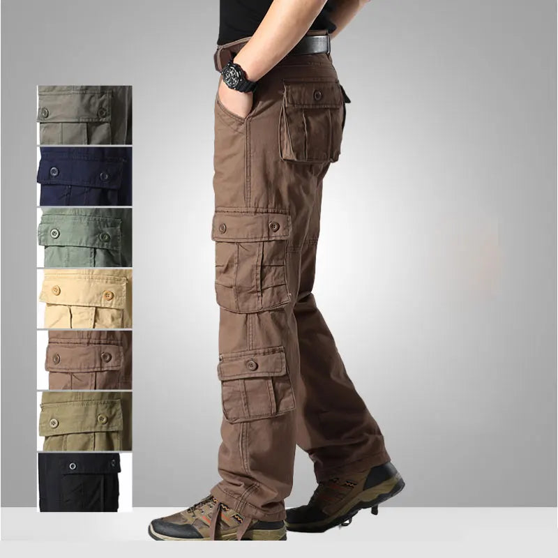 Calça masculina de algodão multi bolsos, jogger casual masculino, calça ao ar livre, primavera, outono, plus size 44