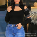 Strass preto feminino de topo apertado, pescoço alto, sem alças, rachado, manga comprida, novo