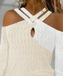 Top texturizado feminino Criss Cross cabo, pulôver casual, t de manga comprida, t colorblock, ombro frio, moda, outono, 2023