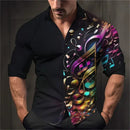 Camisa de lapela dos homens Padrão Nota Musical, 3D Impresso, Casual, Manga Longa, Botão, Adequado para Primavera e Outono, Presente, S-6XL