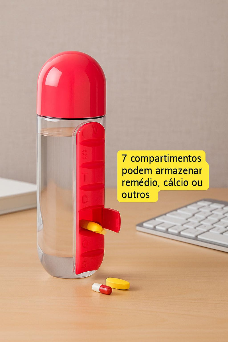 Organizador semanal da caixa da pilha com garrafa de água, 600ml, caso portátil do suporte das vitaminas da pilha de 7 dias, garrafa de beber ao ar livre 2 em 1